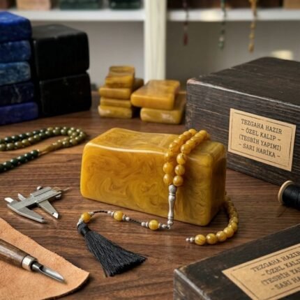 Bal sarısı sıkma kehribar blok. Tesbih yapımı için dayanıklı, estetik ve kolay işlenebilir premium kehribar hammaddesi.