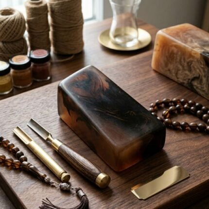 Sarı buğulu siyah sıkma kehribar tesbih hammaddesi plaka. Tesbih yapımı için dayanıklı ve kolay işlenebilir kaliteli malzeme.